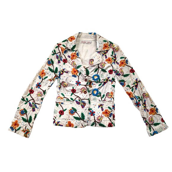 Johnny Was Jackets & Blazers - Johnny Was Blazer Womens Small Embroidered Birds Flowers Buttoned Floral White